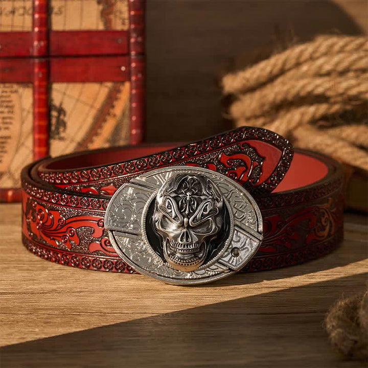 Ceinture en cuir avec boucle de couteau pliant dissimulé, style gothique baroque et crâne, à faire soi-même. - Crâne baroque - Ceinture sculptée marron - 42 - image 6