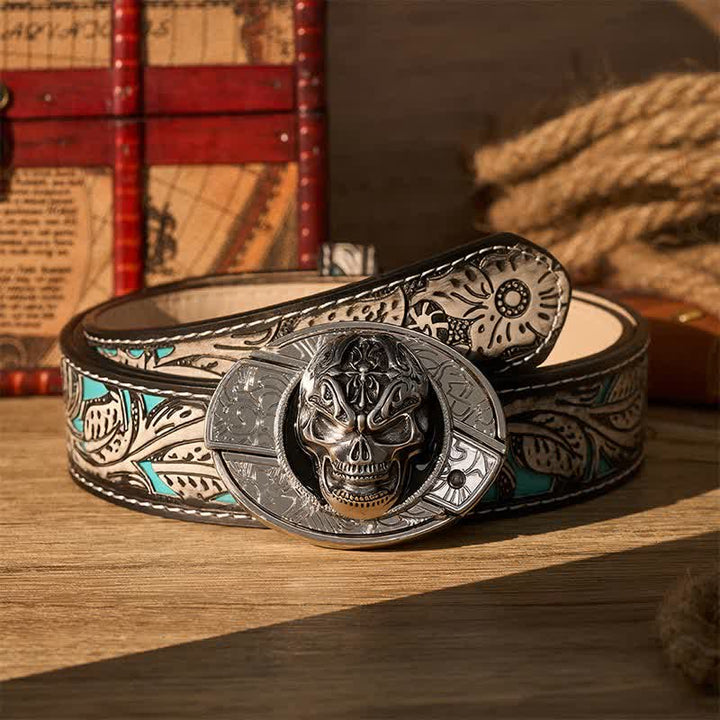 Ceinture en cuir avec boucle de couteau pliant dissimulé, style gothique baroque et crâne, à faire soi-même. - Crâne baroque - Ceinture à fleurs grises - 42 - image 8