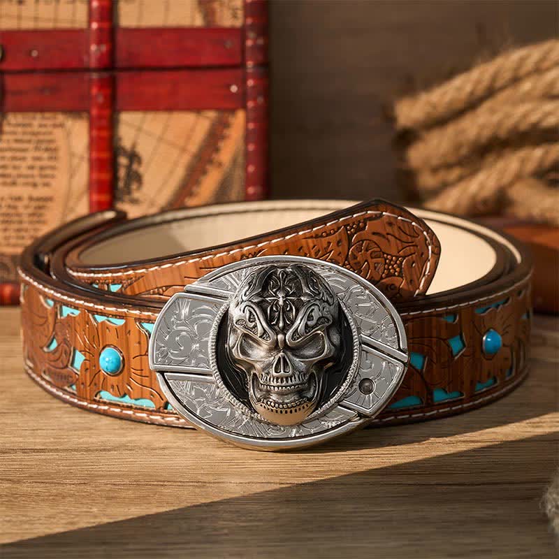 Ceinture en cuir avec boucle de couteau pliant dissimulé, style gothique baroque et crâne, à faire soi-même. - Crâne baroque - Ceinture turquoise sculptée - 42 - image 3