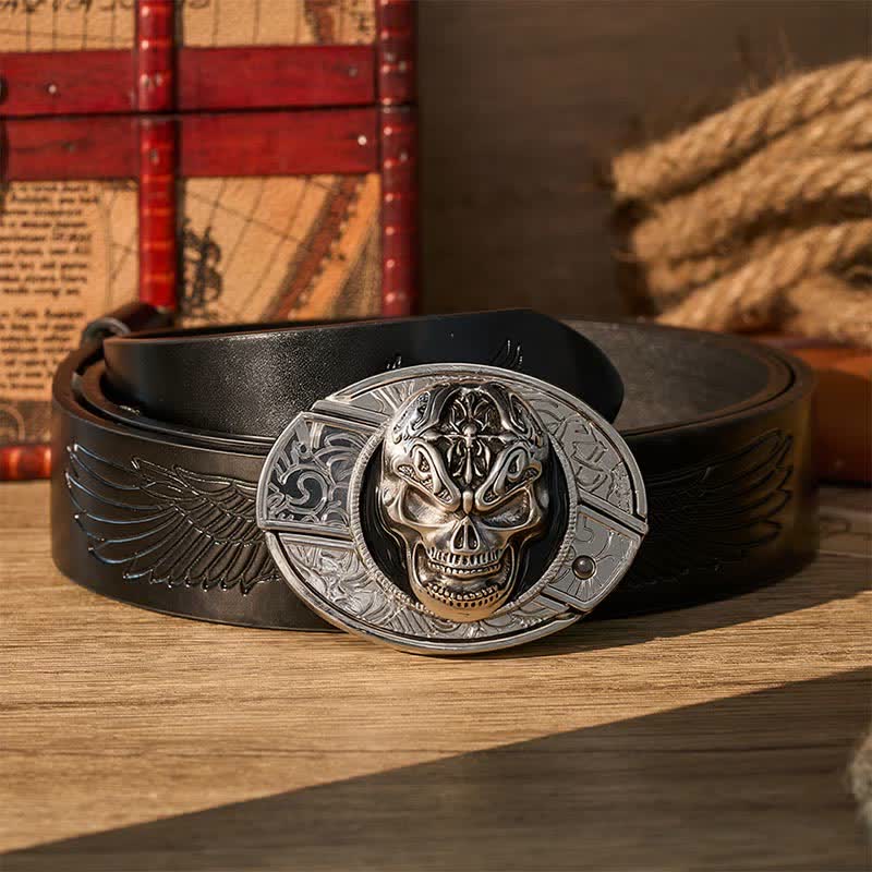 Ceinture en cuir avec boucle de couteau pliant dissimulé, style gothique baroque et crâne, à faire soi-même. - Crâne baroque - Ceinture noire à motif aigle en relief - 42 - image 2