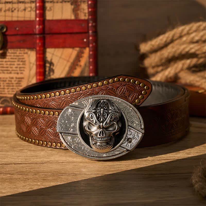 Ceinture en cuir avec boucle de couteau pliant dissimulé, style gothique baroque et crâne, à faire soi-même. - Crâne baroque - Ceinture à rivets marron - 42 - image 4