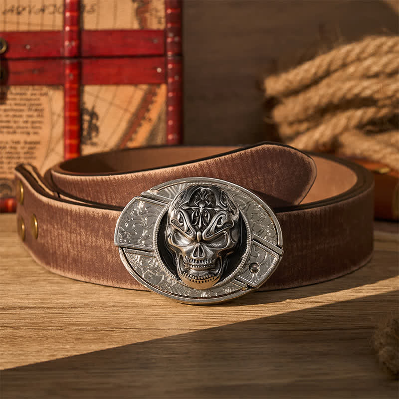 Ceinture en cuir avec boucle de couteau pliant dissimulé, style gothique baroque et crâne, à faire soi-même. - Crâne baroque - Ceinture marron vieillie - 42 - image 5