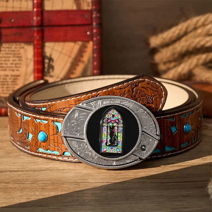 Boucle de couteau pliant caché DIY avec un chat noir mignon et une fenêtre colorée, ceinture en cuir - Chat noir - Ceinture turquoise sculptée - 42 - image 3