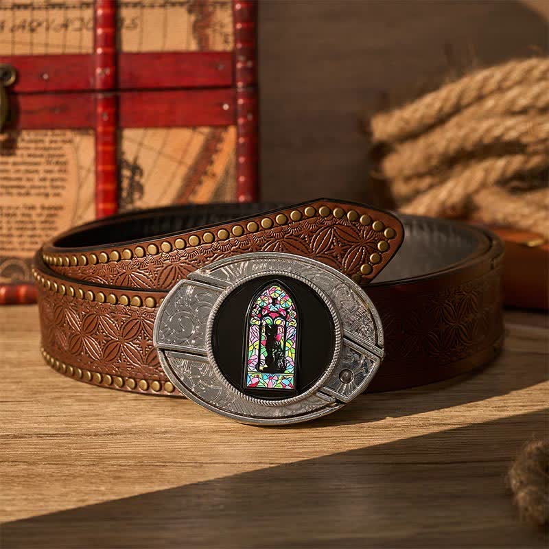 Boucle de couteau pliant caché DIY avec un chat noir mignon et une fenêtre colorée, ceinture en cuir - Chat noir - Ceinture à rivets marron - 42 - image 4