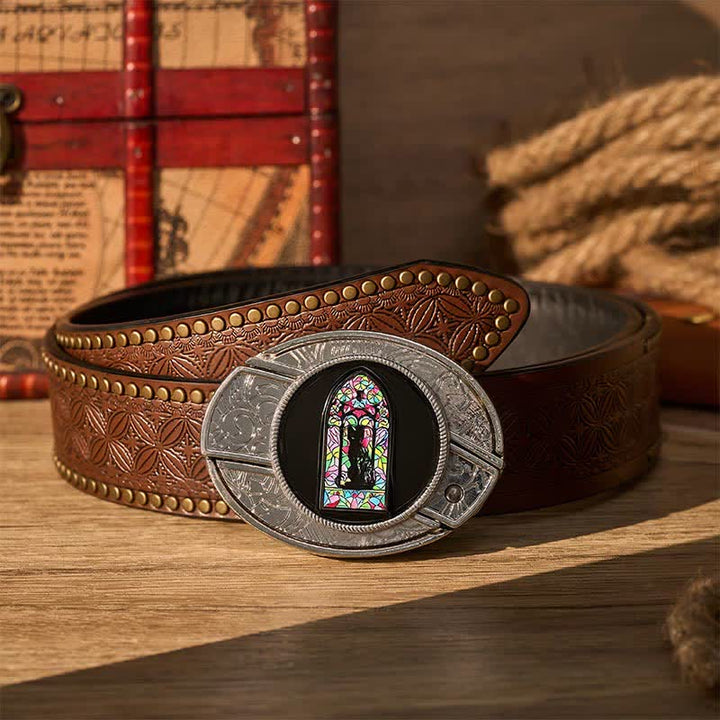 Boucle de couteau pliant caché DIY avec un chat noir mignon et une fenêtre colorée, ceinture en cuir - Chat noir - Ceinture à rivets marron - 42 - image 4