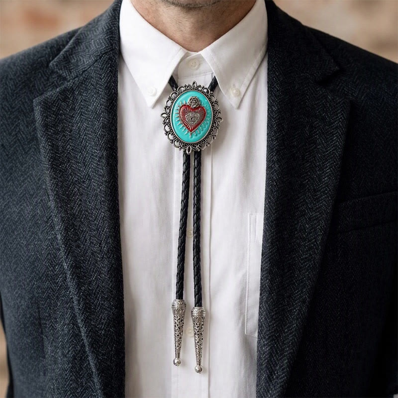 Boho Western Sarcelle Émail Sacré-Cœur Bolo Tie - image 1