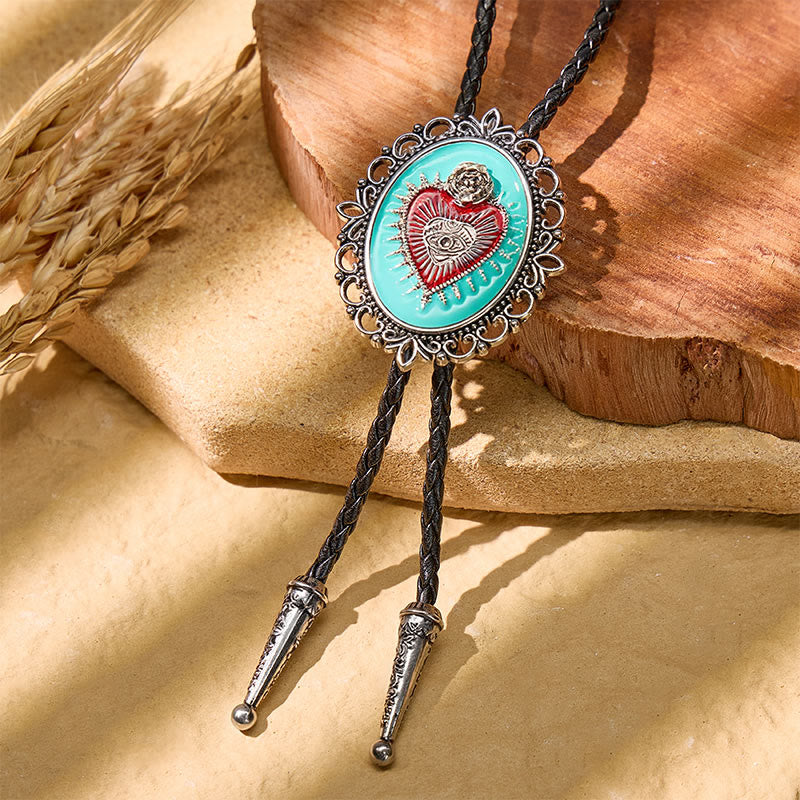 Boho Western Sarcelle Émail Sacré-Cœur Bolo Tie - Bleu - image 0