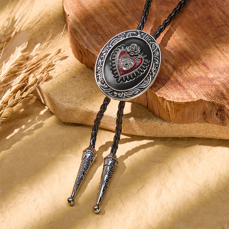 Cravate bolo vintage ronde en émail rouge avec motif Sacré-Cœur - Noir - image 4