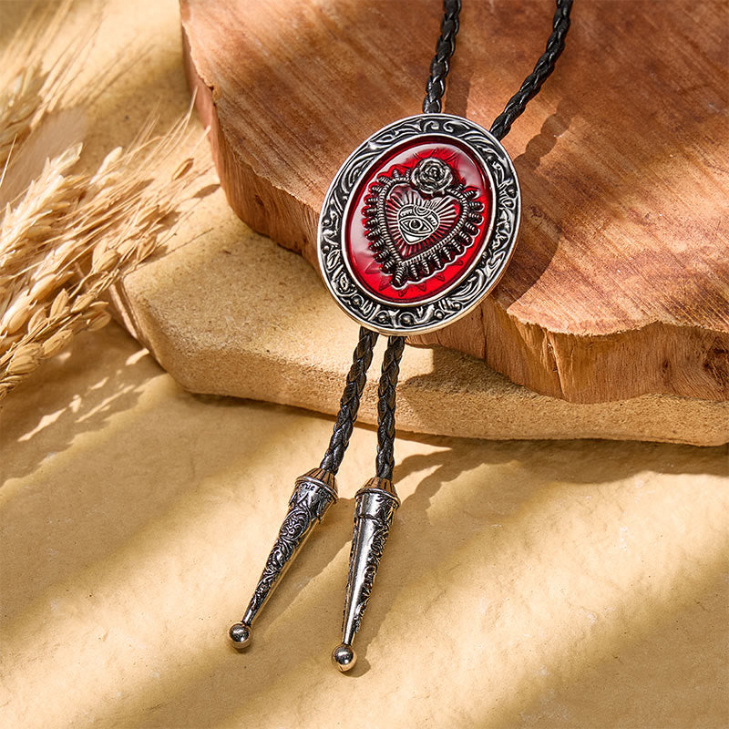 Cravate bolo vintage ronde en émail rouge avec motif Sacré-Cœur - Rouge - image 0