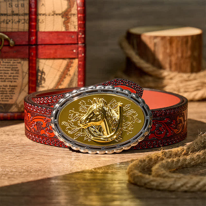 Ceinture en cuir à boucle dorée, motif fer à cheval et tête de cheval, à faire soi-même - Or - Ceinture sculptée marron - 42 - image 6