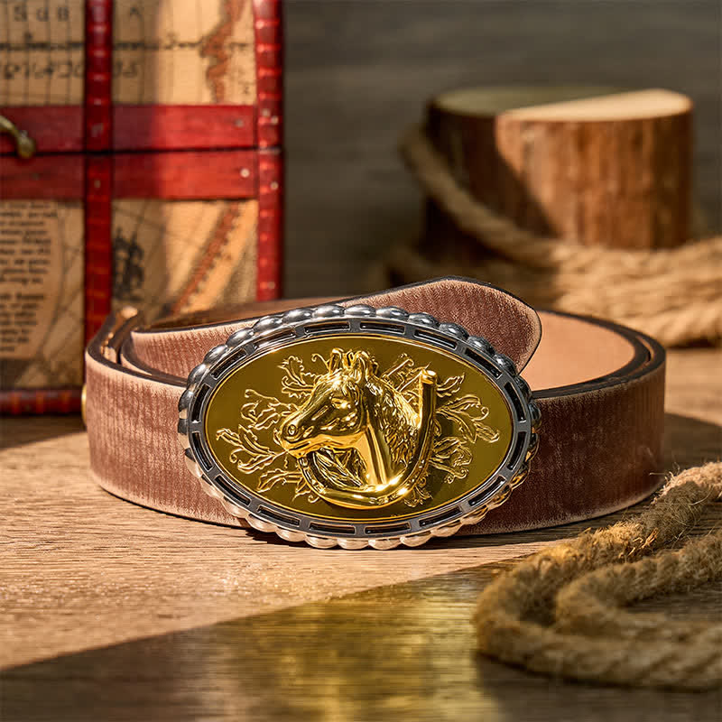 Ceinture en cuir à boucle dorée, motif fer à cheval et tête de cheval, à faire soi-même - Or - Ceinture marron vieillie - 42 - image 5
