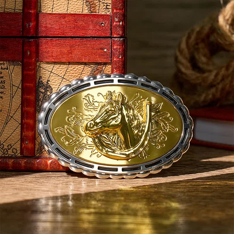 Ceinture en cuir à boucle dorée, motif fer à cheval et tête de cheval, à faire soi-même - Or - Sans ceinture - Ceinture non incluse - image 0