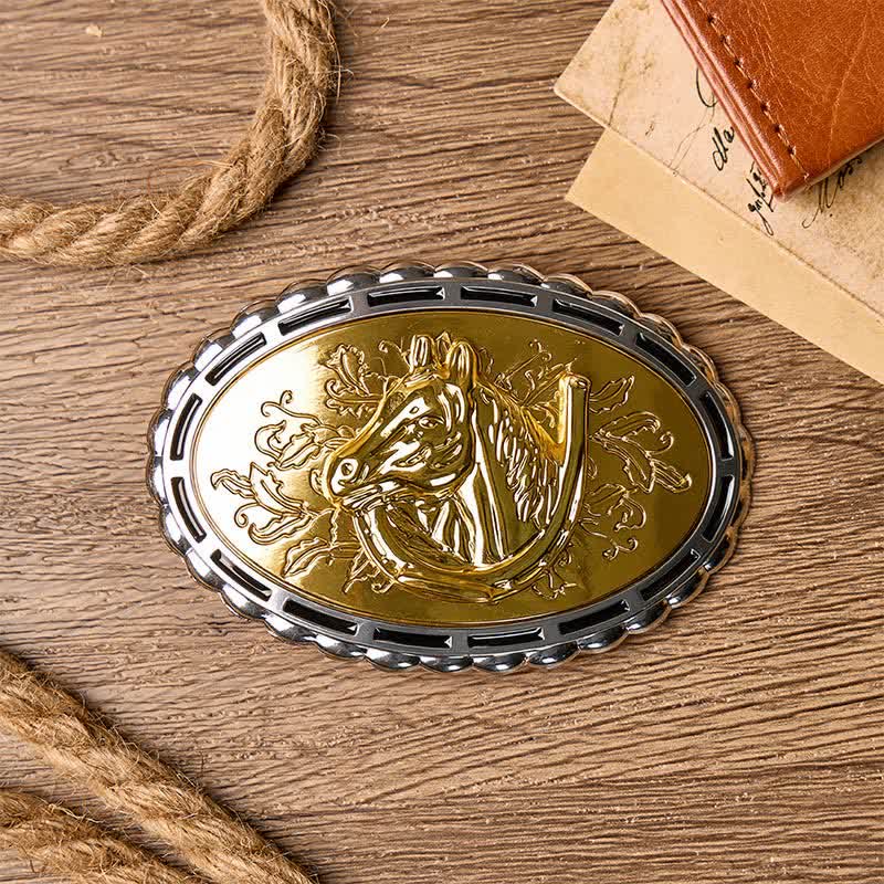 Ceinture en cuir à boucle dorée, motif fer à cheval et tête de cheval, à faire soi-même - image 1