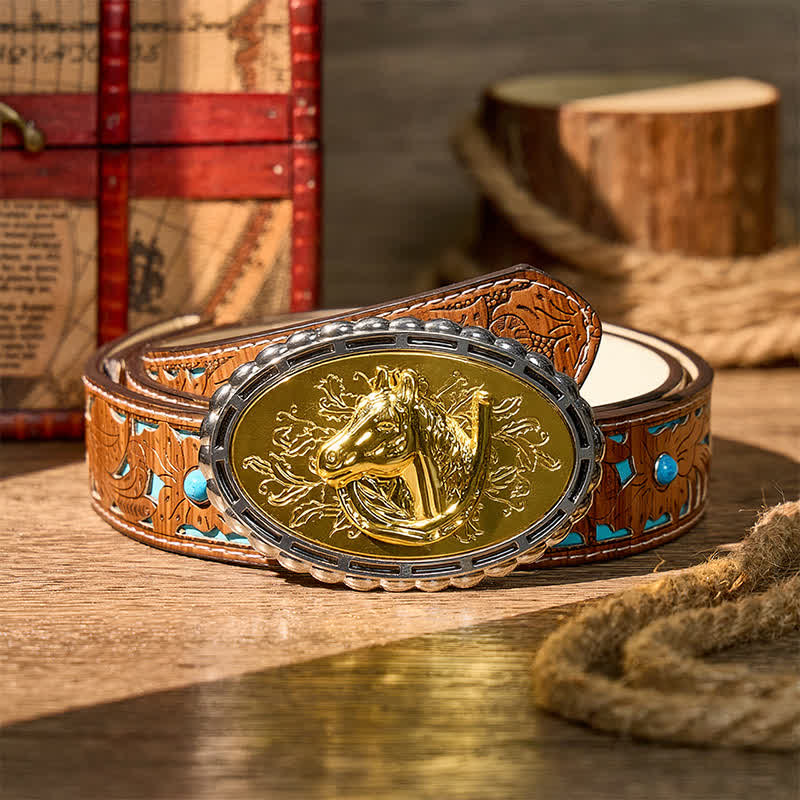 Ceinture en cuir à boucle dorée, motif fer à cheval et tête de cheval, à faire soi-même - Or - Ceinture turquoise sculptée - 42 - image 3