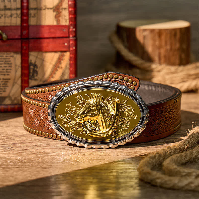 Ceinture en cuir à boucle dorée, motif fer à cheval et tête de cheval, à faire soi-même - Or - Ceinture à rivets marron - 42 - image 4