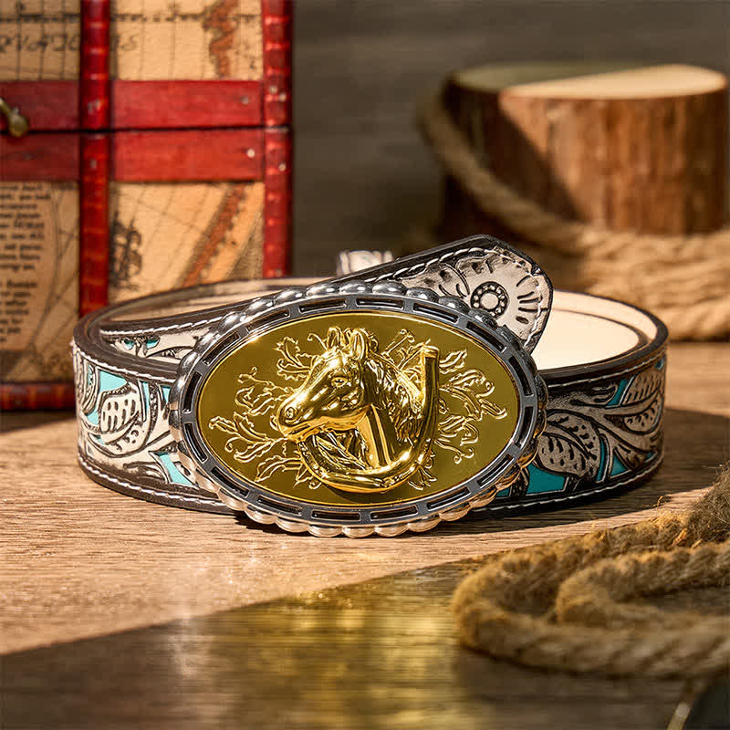 Ceinture en cuir à boucle dorée, motif fer à cheval et tête de cheval, à faire soi-même - Or - Ceinture à fleurs grises - 42 - image 8