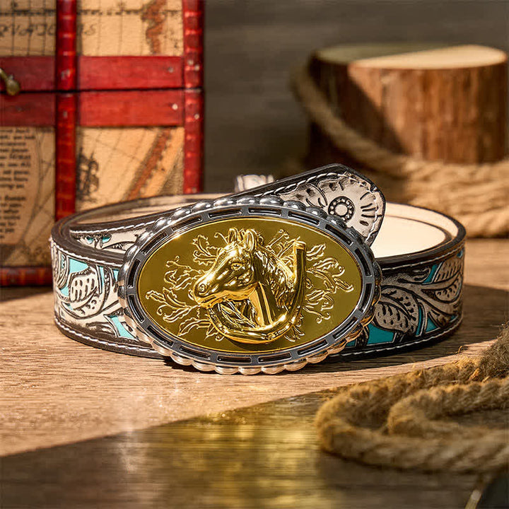 Ceinture en cuir à boucle dorée, motif fer à cheval et tête de cheval, à faire soi-même - Or - Ceinture à fleurs grises - 42 - image 8