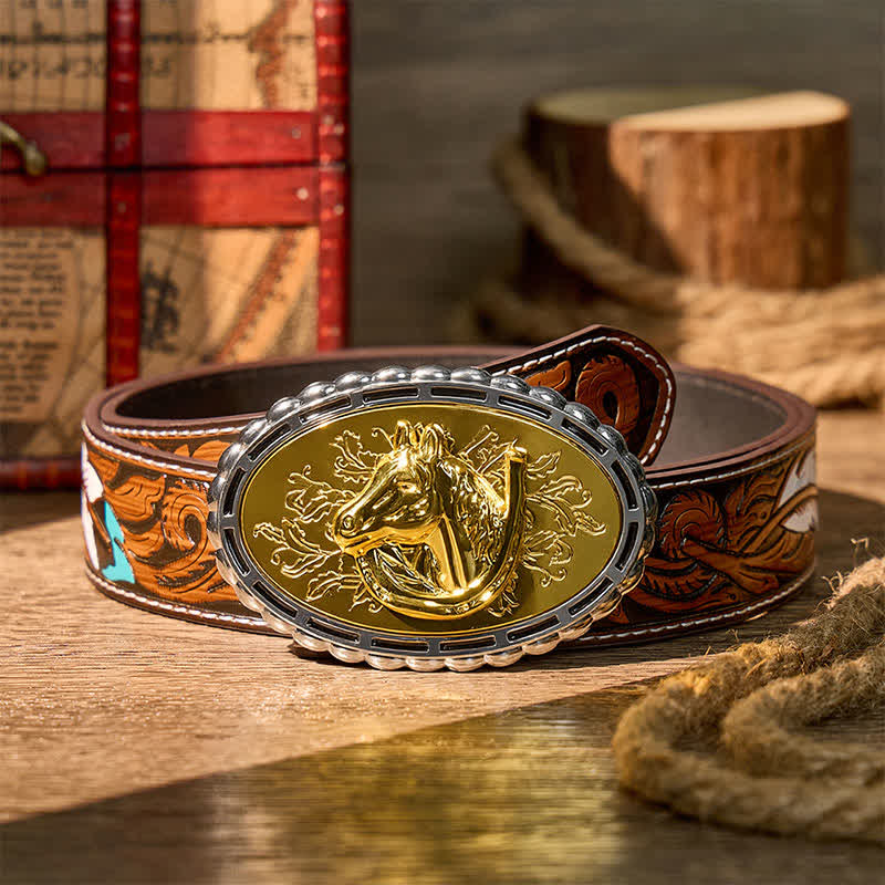 Ceinture en cuir à boucle dorée, motif fer à cheval et tête de cheval, à faire soi-même - Or - Ceinture de plumes brunes - 40 - image 7