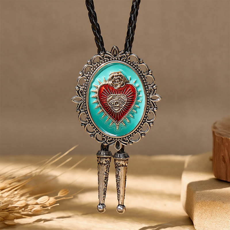Boho Western Sarcelle Émail Sacré-Cœur Bolo Tie - image 3