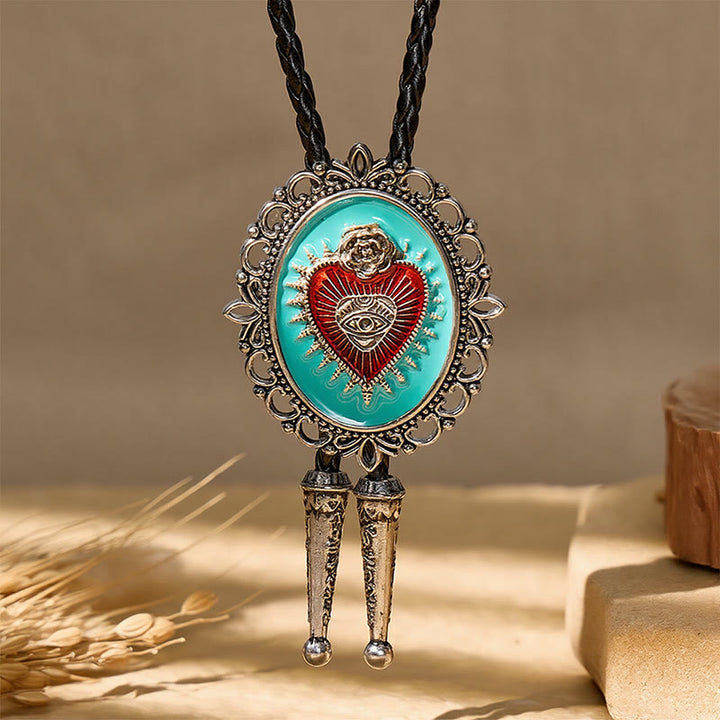 Boho Western Sarcelle Émail Sacré-Cœur Bolo Tie - image 3