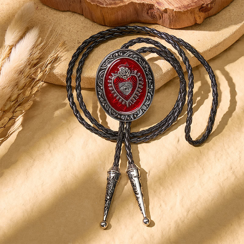 Cravate bolo vintage ronde en émail rouge avec motif Sacré-Cœur - image 2