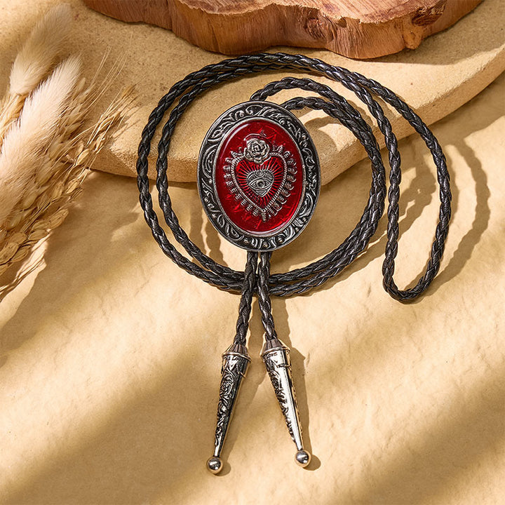 Cravate bolo vintage ronde en émail rouge avec motif Sacré-Cœur - image 2