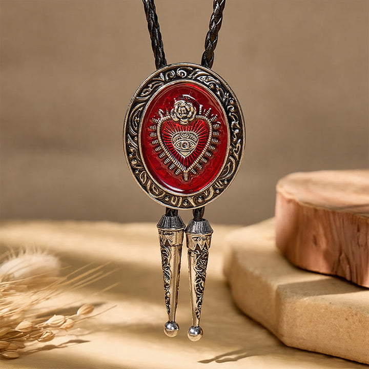 Cravate bolo vintage ronde en émail rouge avec motif Sacré-Cœur - image 3