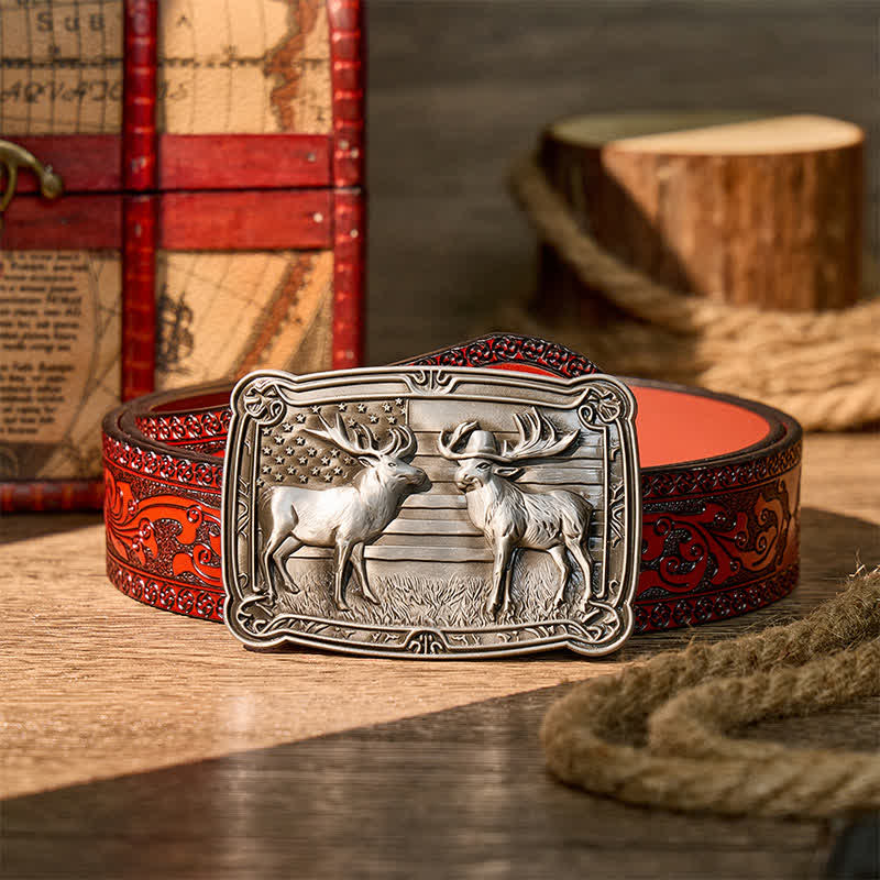 Ceinture en cuir à boucle western personnalisée avec motif patriotique et animal sauvage : deux élans en duel. - Argent - Ceinture sculptée marron - 42 - image 6