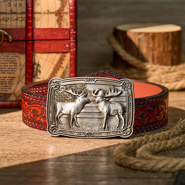 Ceinture en cuir à boucle western personnalisée avec motif patriotique et animal sauvage : deux élans en duel. - Argent - Ceinture sculptée marron - 42 - image 6