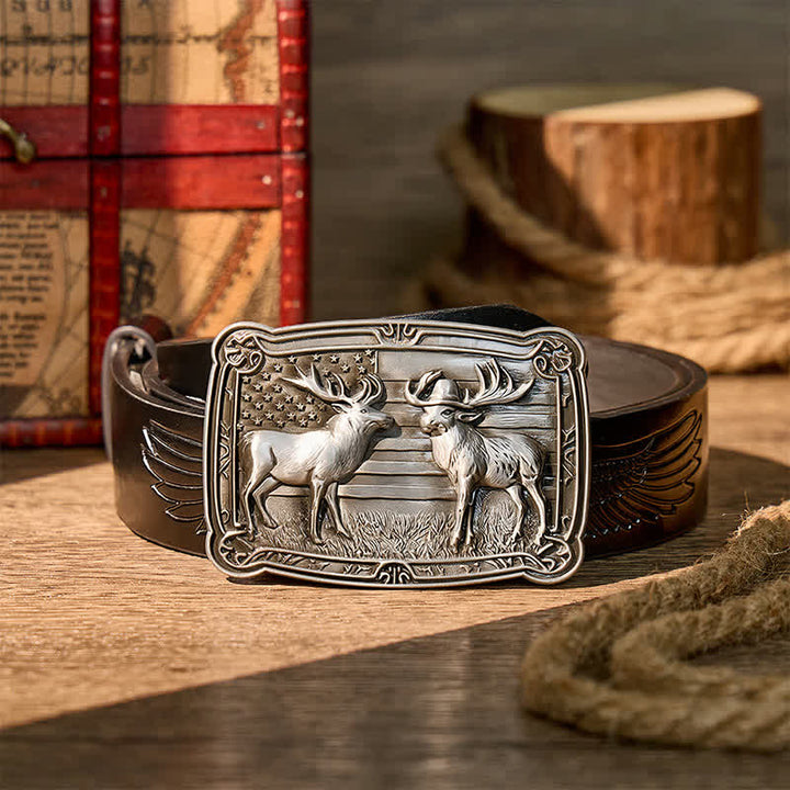 Ceinture en cuir à boucle western personnalisée avec motif patriotique et animal sauvage : deux élans en duel. - Argent - Ceinture noire à motif aigle en relief - 42 - image 2