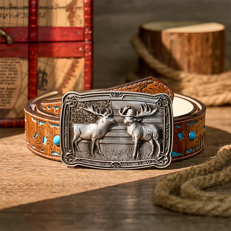 Ceinture en cuir à boucle western personnalisée avec motif patriotique et animal sauvage : deux élans en duel. - Argent - Ceinture turquoise sculptée - 42 - image 3