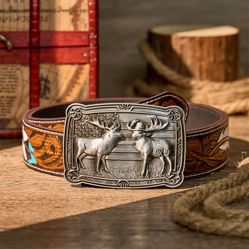 Ceinture en cuir à boucle western personnalisée avec motif patriotique et animal sauvage : deux élans en duel. - Argent - Ceinture de plumes brunes - 40 - image 7