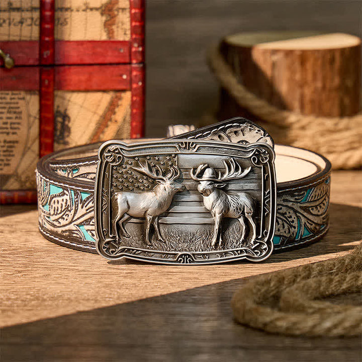 Ceinture en cuir à boucle western personnalisée avec motif patriotique et animal sauvage : deux élans en duel. - Argent - Ceinture à fleurs grises - 42 - image 8