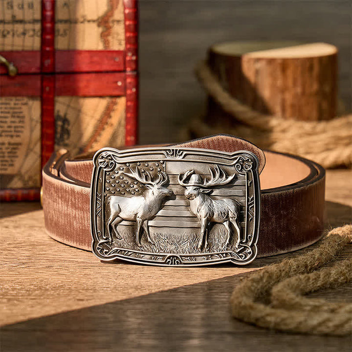 Ceinture en cuir à boucle western personnalisée avec motif patriotique et animal sauvage : deux élans en duel. - Argent - Ceinture marron vieillie - 42 - image 5