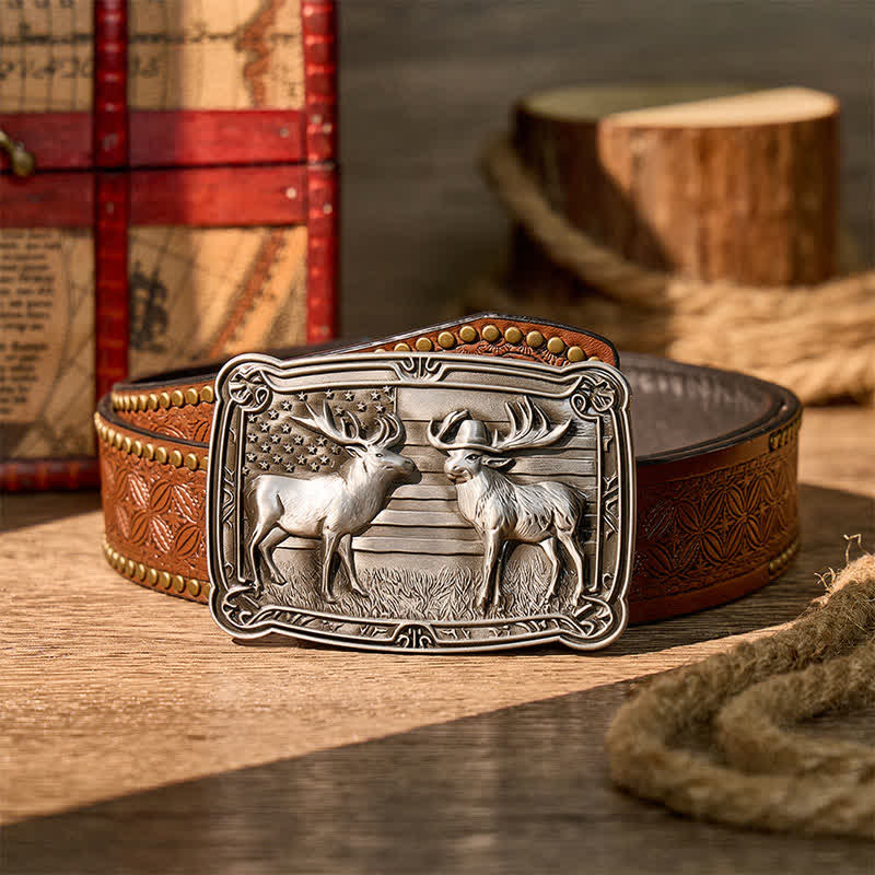 Ceinture en cuir à boucle western personnalisée avec motif patriotique et animal sauvage : deux élans en duel. - Argent - Ceinture à rivets marron - 42 - image 4
