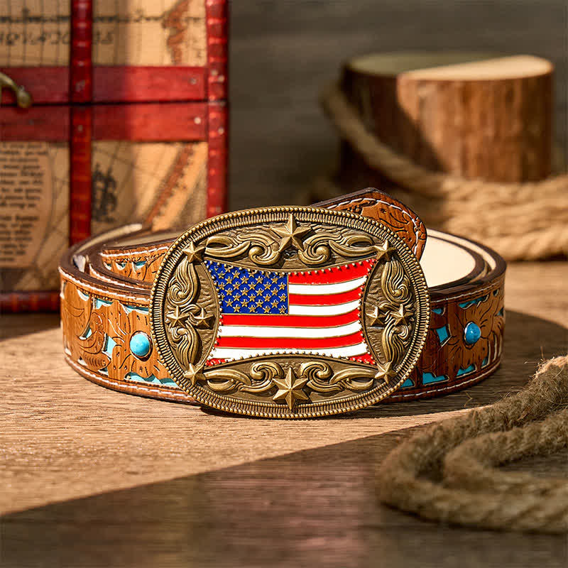 Ceinture en cuir à boucle personnalisée avec drapeau américain émaillé patriotique - Bronze - Ceinture turquoise sculptée - 42 - image 3