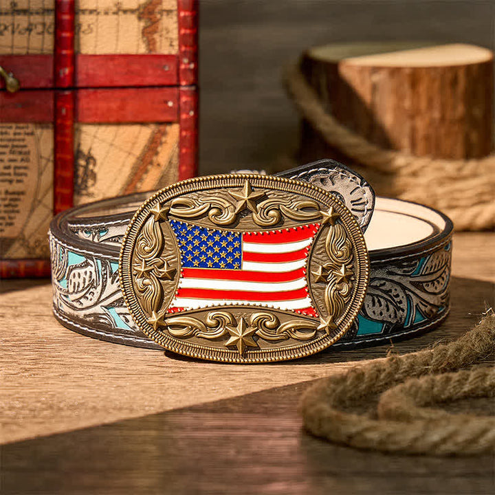 Ceinture en cuir à boucle personnalisée avec drapeau américain émaillé patriotique - Bronze - Ceinture à fleurs grises - 42 - image 8