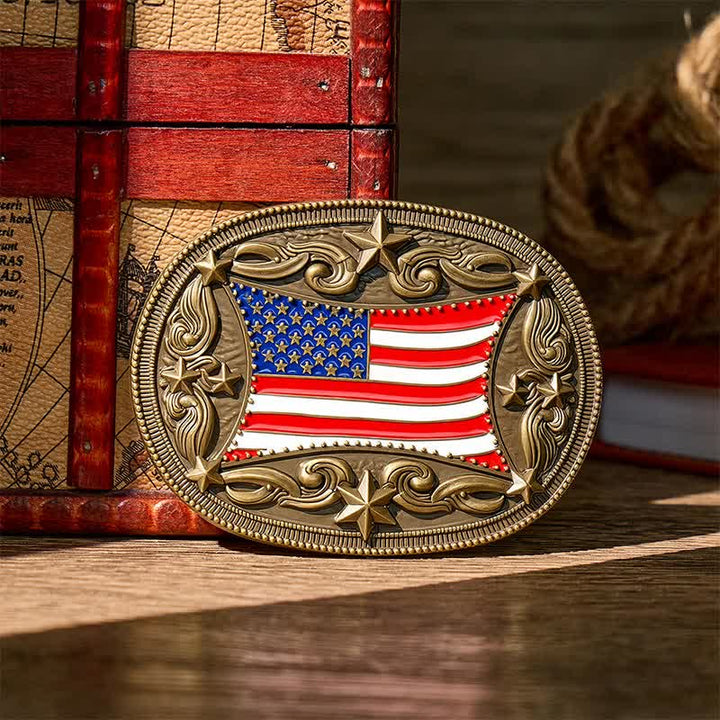 Ceinture en cuir à boucle personnalisée avec drapeau américain émaillé patriotique - Bronze - Sans ceinture - Ceinture non incluse - image 0
