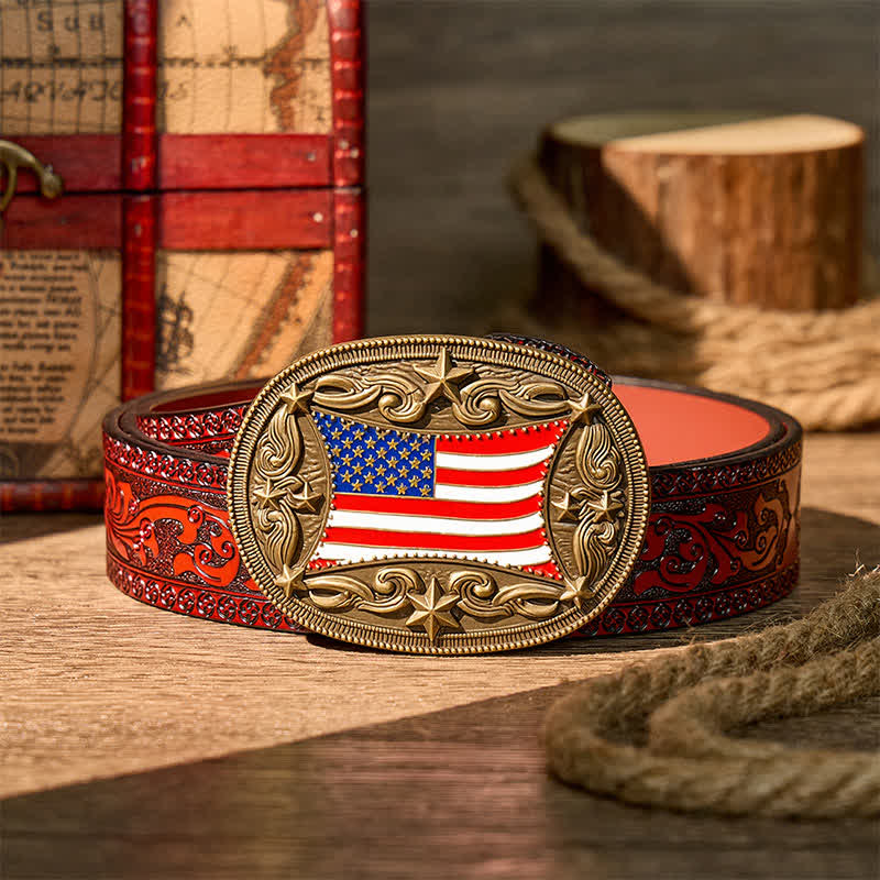 Ceinture en cuir à boucle personnalisée avec drapeau américain émaillé patriotique - Bronze - Ceinture sculptée marron - 42 - image 6