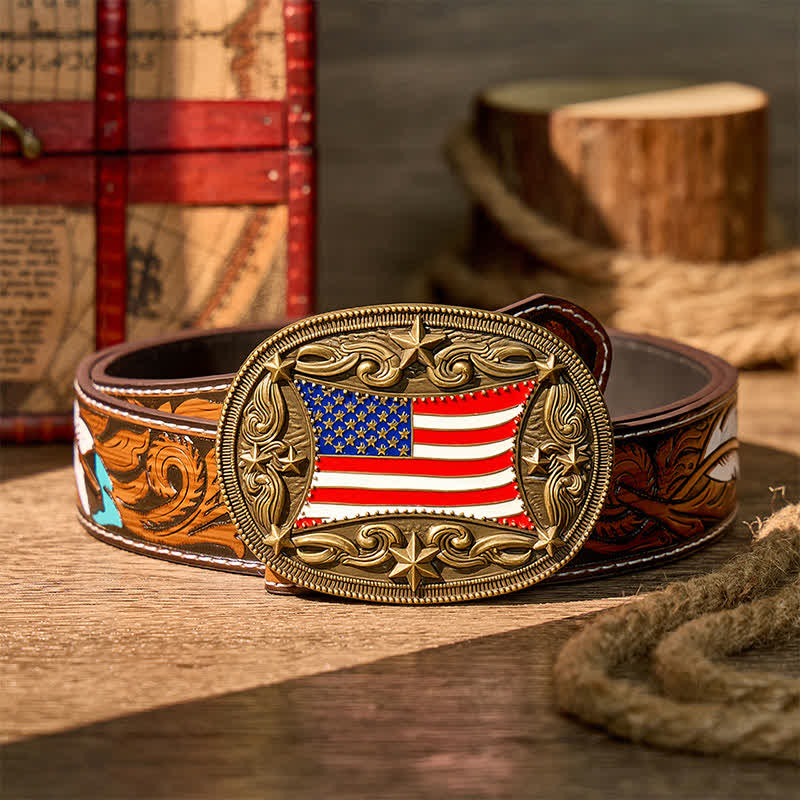 Ceinture en cuir à boucle personnalisée avec drapeau américain émaillé patriotique - Bronze - Ceinture de plumes brunes - 40 - image 7