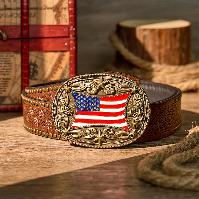 Ceinture en cuir à boucle personnalisée avec drapeau américain émaillé patriotique - Bronze - Ceinture à rivets marron - 42 - image 4