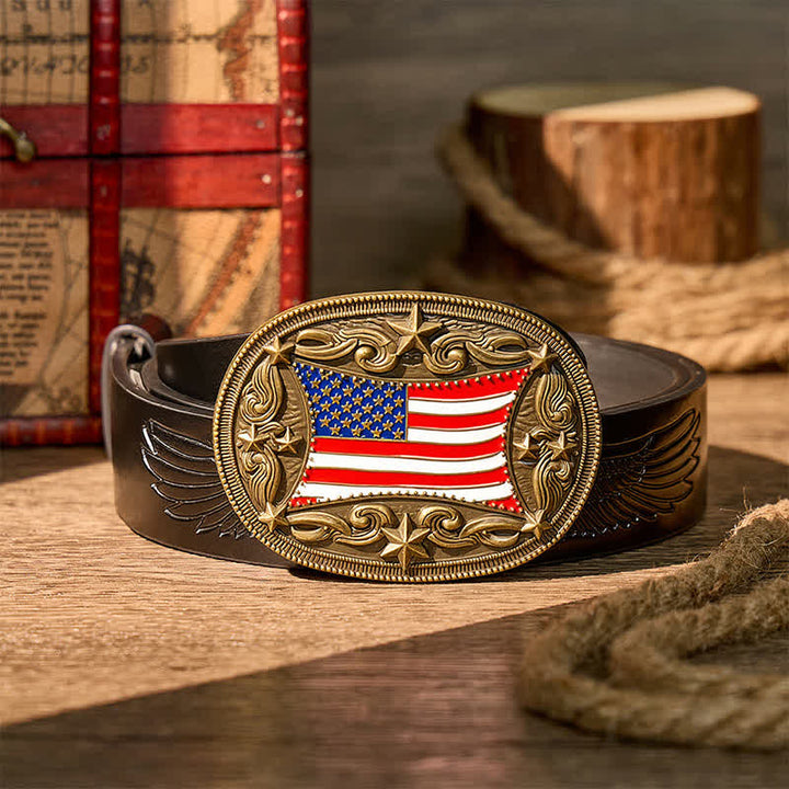 Ceinture en cuir à boucle personnalisée avec drapeau américain émaillé patriotique - Bronze - Ceinture noire à motif aigle en relief - 42 - image 2