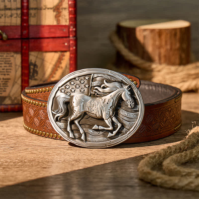 Ceinture en cuir Freedom Gallop, motif drapeau américain patriotique, boucle à faire soi-même - Argent - Ceinture à rivets marron - 42 - image 4