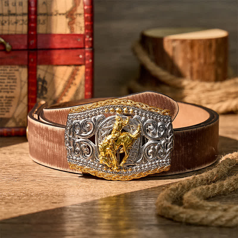 Ceinture en cuir bicolore style western avec boucle à faire soi-même, motif cavalier de bronco et cheval sauvage - Bronco Rider - Ceinture marron vieillie - 42 - image 14
