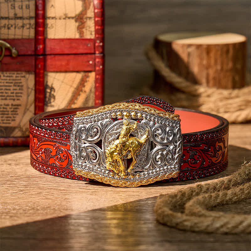 Ceinture en cuir bicolore style western avec boucle à faire soi-même, motif cavalier de bronco et cheval sauvage - Bronco Rider - Ceinture sculptée marron - 42 - image 15