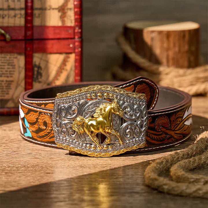 Ceinture en cuir bicolore style western avec boucle à faire soi-même, motif cavalier de bronco et cheval sauvage - Cheval sauvage - Ceinture de plumes brunes - 40 - image 7