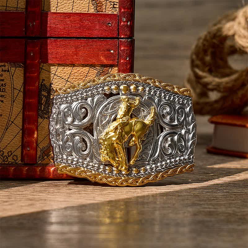 Ceinture en cuir bicolore style western avec boucle à faire soi-même, motif cavalier de bronco et cheval sauvage - Bronco Rider - Sans ceinture - Ceinture non incluse - image 9