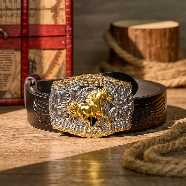 Ceinture en cuir bicolore style western avec boucle à faire soi-même, motif cavalier de bronco et cheval sauvage - Cheval sauvage - Ceinture noire à motif aigle en relief - 42 - image 2