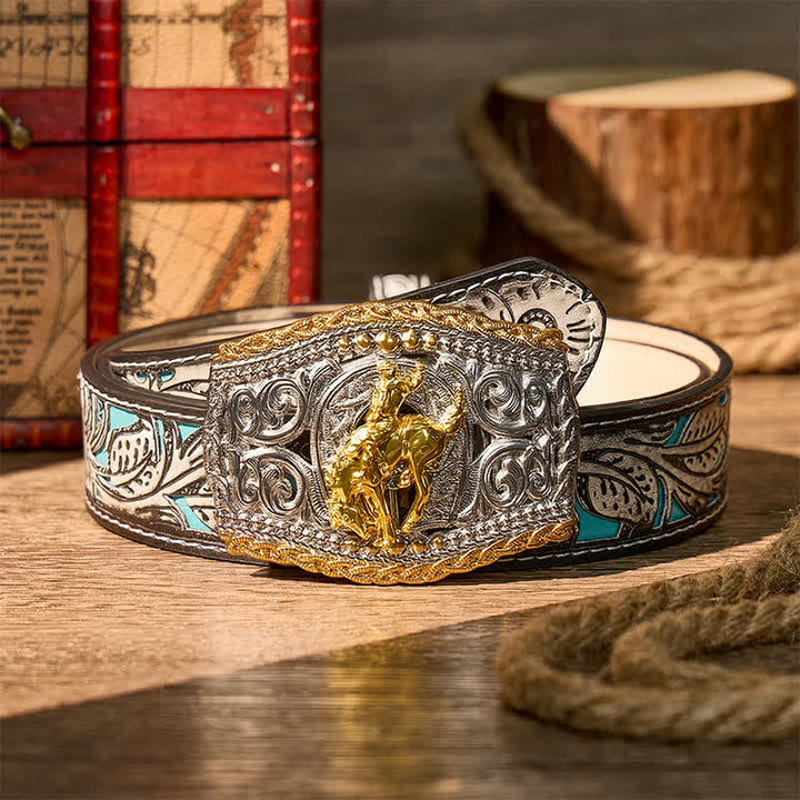 Ceinture en cuir bicolore style western avec boucle à faire soi-même, motif cavalier de bronco et cheval sauvage - Bronco Rider - Ceinture à fleurs grises - 42 - image 17