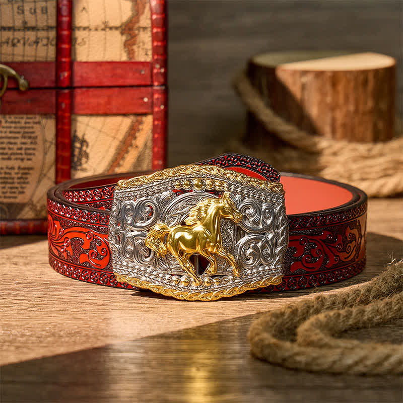 Ceinture en cuir bicolore style western avec boucle à faire soi-même, motif cavalier de bronco et cheval sauvage - Cheval sauvage - Ceinture sculptée marron - 42 - image 6